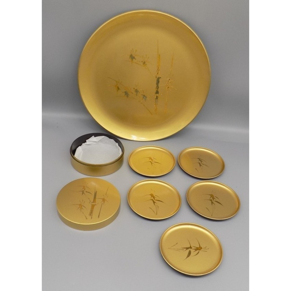Otagiri Lacquerware Serving Tray and Coasters with Box Vintage Japan Bamboo